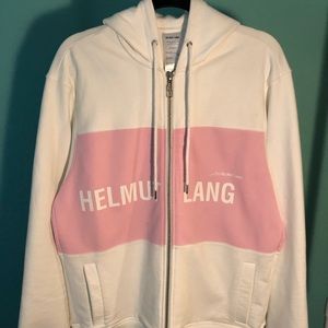 Pink and white helmet lang campaign hoodie